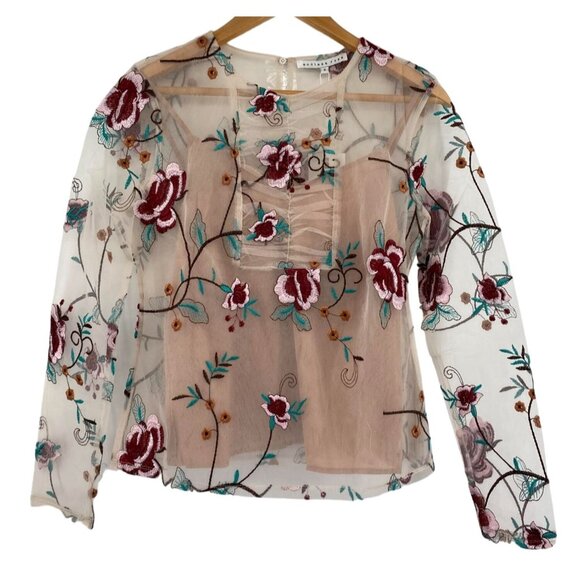 Anthropologie Endless Rose Floral Embroidered Blouse & Nude Camisole Top Set Sma - Picture 1 of 7